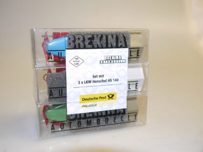 1:87 Brekina Somo-Box 3 Stück Henschel HS 140 Pritsche/Spitzplane grün/grau/blau, neuw./ovp