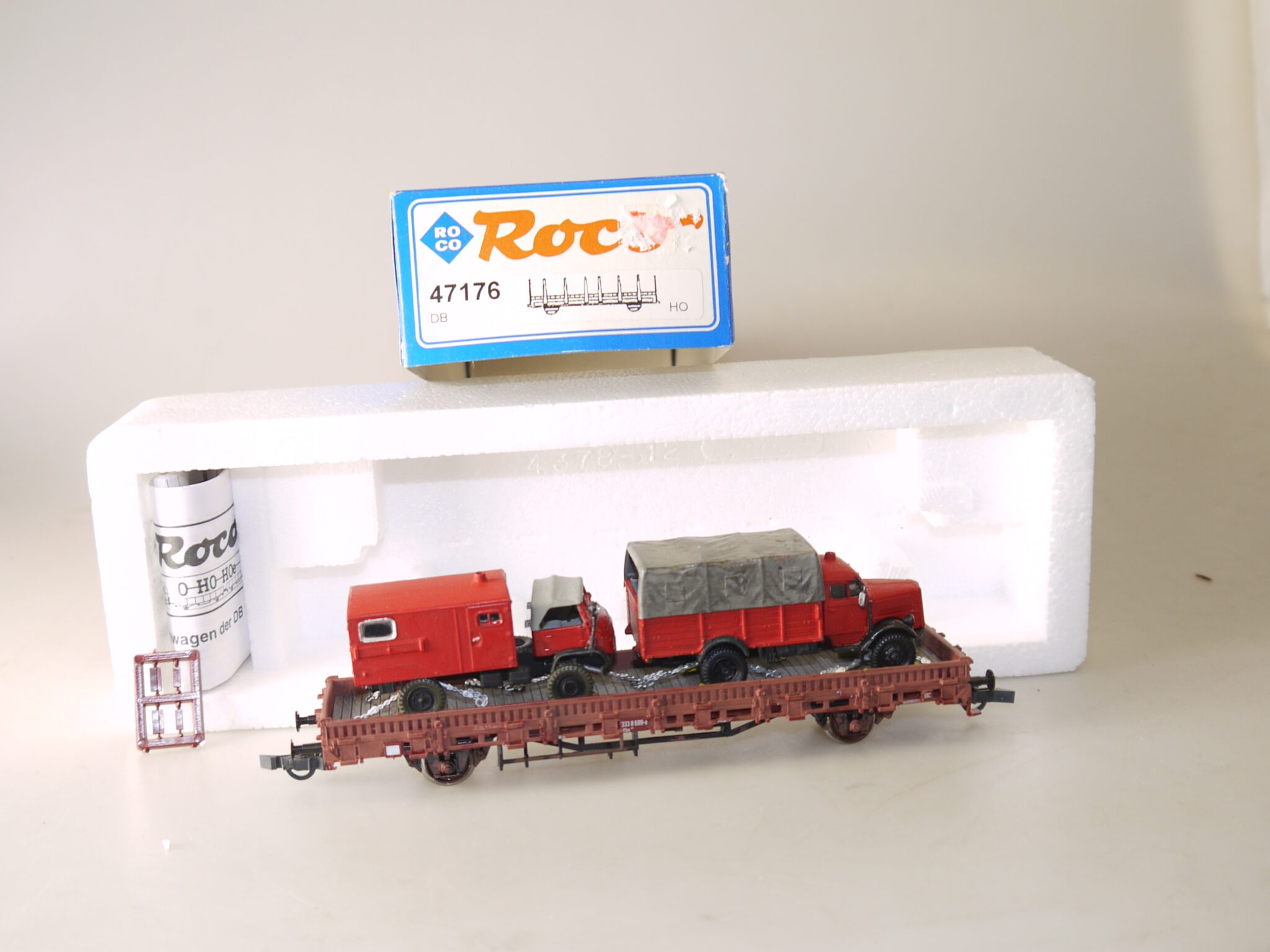 H0 Roco 47176 Rungenwagen mit Ladung: 2x Fw Fz, top/ovp/KKK
