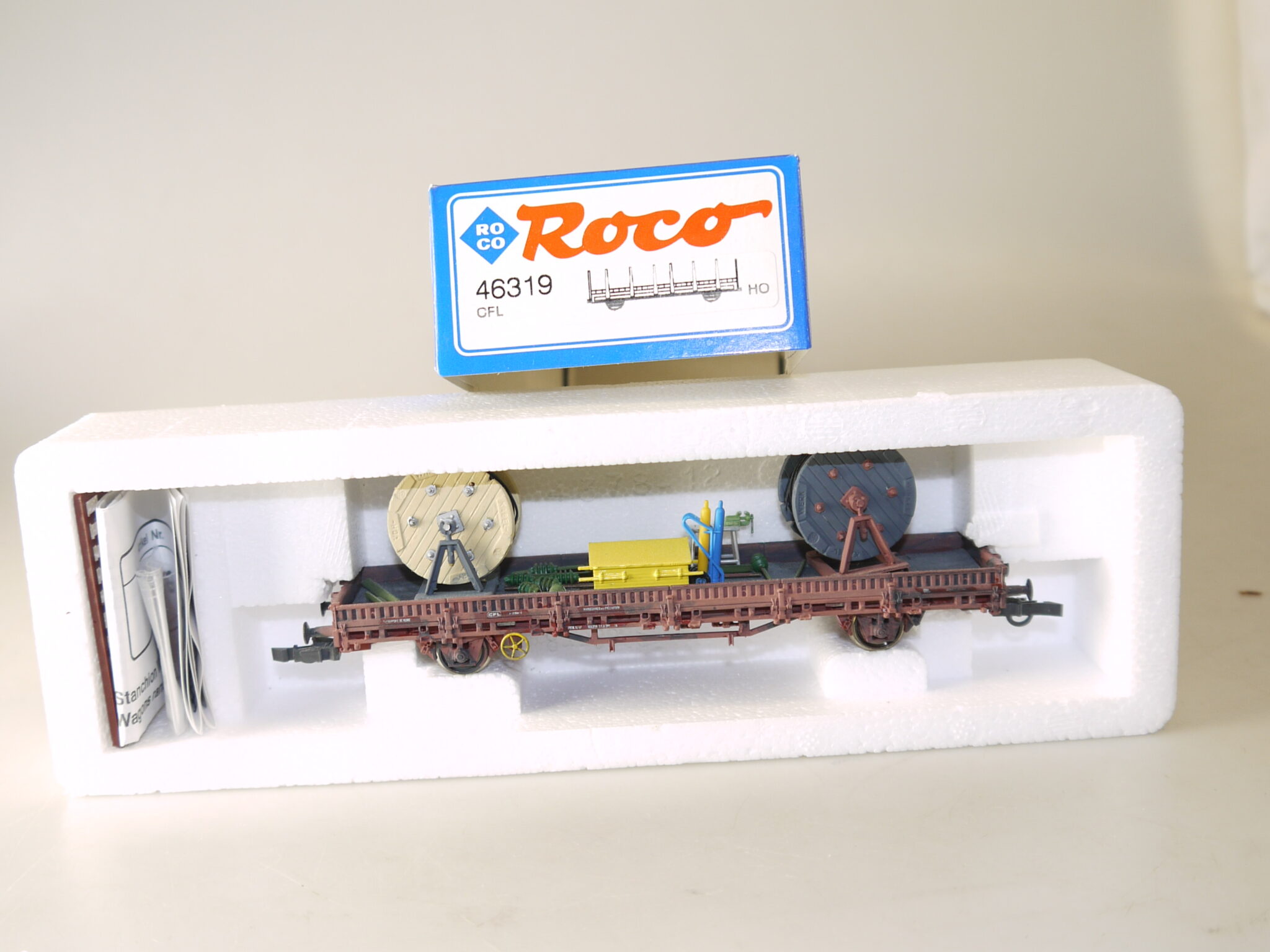 h0: Roco 46319 Rungenwagen mit Ladung (Kabelrollen), top/ovp/KKK/gealtert