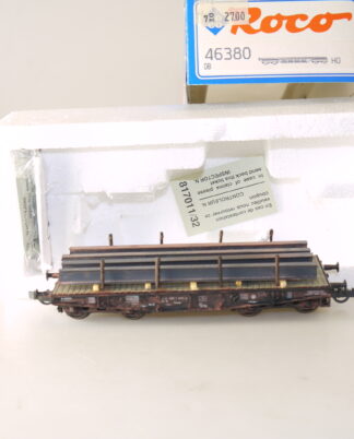 Roco H0 46380: Rungenwagen Rlmmp + Gleisbauteile, gealtert/ovp