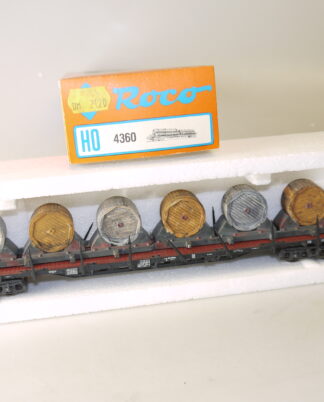 h0 Roco 4360 Flachwagen Sss-y716 + Ladung: Weinfässer, top/OVP/KKK/gealtert